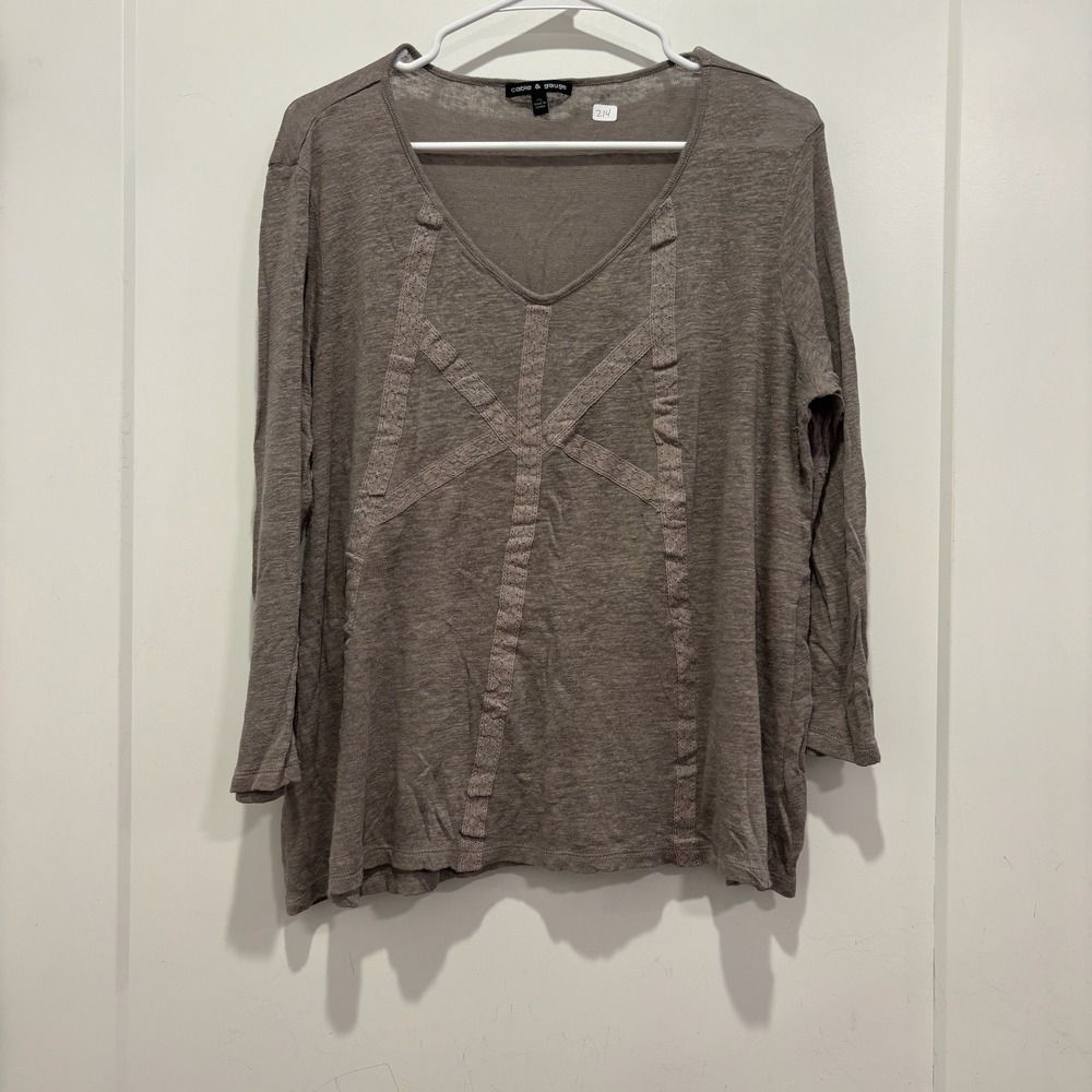 Cable & Gauge Womens XL Taupe Brown Linen Blend Crochet V-Neck Long Sleeve Top‎